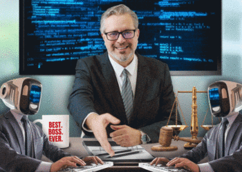 Illustration of a man shaking hands with a robot, symbolizing AI in law.