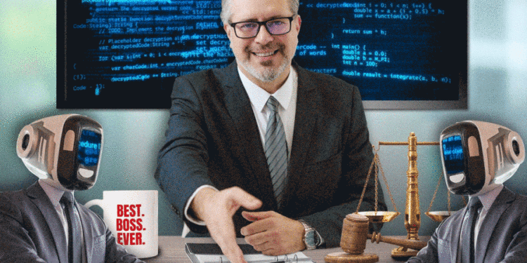 Illustration of a man shaking hands with a robot, symbolizing AI in law.