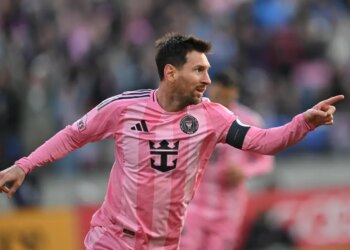 Lionel Messi celebrates scoring a goal for Inter Miami against DC United on March 7, 2026.