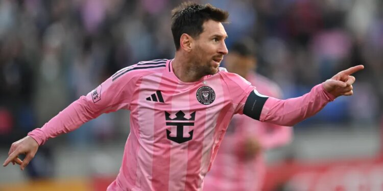 Lionel Messi celebrates scoring a goal for Inter Miami against DC United on March 7, 2026.