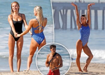 Livvy Dunne, Brooks Nader practice sexy 'Baywatch' run on Venice Beach