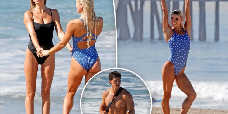 Livvy Dunne, Brooks Nader practice sexy 'Baywatch' run on Venice Beach