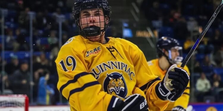 Long Island college hockey prodigy Ethan Wyttenbach of Quinnipiac, which is ranked No. 7 in the country, pictured earlier this season.
