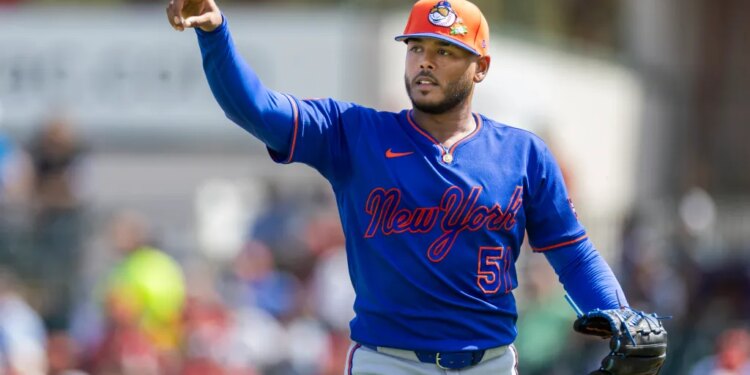 New York Mets Pitcher Freddy Peralta (51) reacting after the second inning against the St. Louis Cardinals during Spring Training.