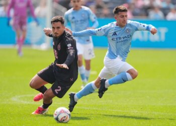 Inter Miami's Gonzalo Luján, left, and New York City FC's Nicolás Fernández compete for the ball during the first half of an MLS soccer game at Yankee Stadium in New York, Sunday, March 22, 2026.
