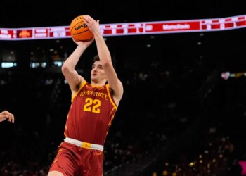 Iowa State's Milan Momcilovic shoots during the first half of an NCAA college basketball game against Arizona in the semifinal round of the Big 12 Conference tournament Friday, March 13, 2026, in Kansas City, Mo. (AP Photo/Charlie Riedel)