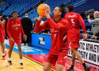 Louisville Cardinals Guard Mikel Brown Jr. (0) shoots the ball during a practice session ahead of the first round of the men's 2026 NCAA Tournament.