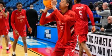 Louisville Cardinals Guard Mikel Brown Jr. (0) shoots the ball during a practice session ahead of the first round of the men's 2026 NCAA Tournament.