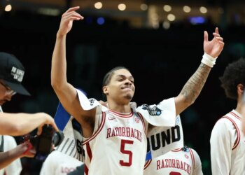Arkansas guard Darius Acuff Jr. (5) reacts after the second round of the NCAA college basketball tournament.
