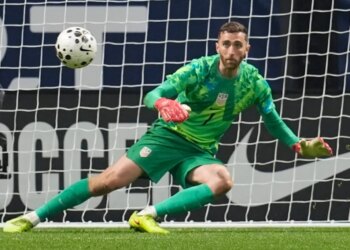 Matt Turner (1) eyes the ball on a shot from Belgium during the second half of an international friendly soccer match.