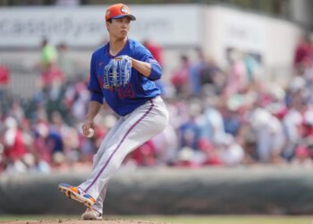 Kodai Senga, pitching during an earlier spring training game, threw three scoreless innings in the Mets' 1-0 exhibition loss to the Marlins on March 13 2026.
