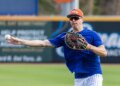 Jared Young, seen here playing first base during spring training, earned the Mets' final bench spot.