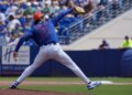 New York Mets pitcher Zach Thornton (21) pitches during a spring training game.