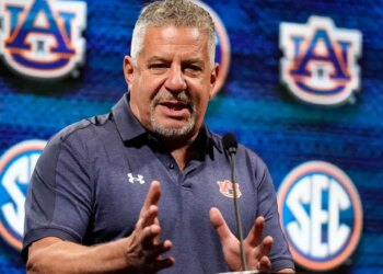 Auburn NCAA college basketball head coach Bruce Pearl speaks at Southeastern Conference Media Days.
