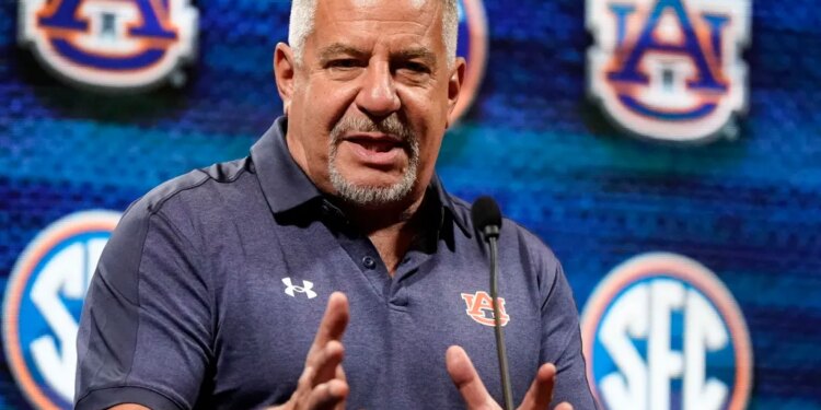 Auburn NCAA college basketball head coach Bruce Pearl speaks at Southeastern Conference Media Days.