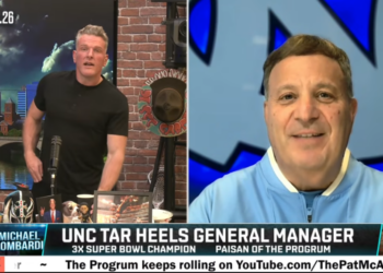 A split-screen of Pat McAfee and Michael Lombardi during the Pat McAfee Show.