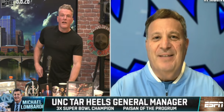 A split-screen of Pat McAfee and Michael Lombardi during the Pat McAfee Show.