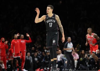 Michael Porter Jr. of the Brooklyn Nets reacts after scoring.