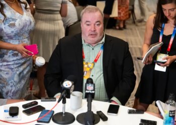 Pittsburgh Steelers head coach Mike McCarthy speaks to reporters in the media during the 2026 NFL Annual League Meeting at the Arizona Biltmore in Phoenix on March 31, 2026.