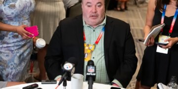 Pittsburgh Steelers head coach Mike McCarthy speaks to reporters in the media during the 2026 NFL Annual League Meeting at the Arizona Biltmore in Phoenix on March 31, 2026.