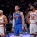 Oklahoma City Thunder center Isaiah Hartenstein #55 is all smiles between New York Knicks guard Josh Hart #3 and New York Knicks center Karl-Anthony Towns #32 during the third quarter at Madison Square Garden.