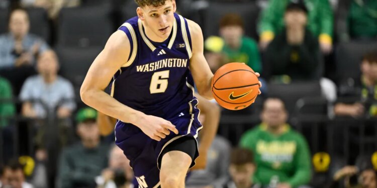 Washington Huskies forward Hannes Steinbach (6) dribbles the ball after a rebound during the second half against the Oregon Ducks at Matthew Knight Arena.