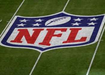 The NFL logo is seen before the NFL Super Bowl 57 football game Sunday, Feb. 12, 2023, in Glendale, Ariz.