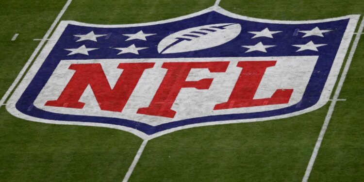 The NFL logo is seen before the NFL Super Bowl 57 football game Sunday, Feb. 12, 2023, in Glendale, Ariz.