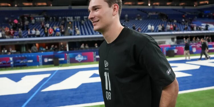 Indiana quarterback Fernando Mendoza (QB11) at the NFL Scouting Combine.