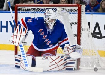 Mar 29, 2026; New York, New York, USA; New York Rangers goaltender Igor Shesterkin (31) watches the puck go wide of the net against the Florida Panthers during the second period at Madison Square Garden. Mandatory Credit: Dennis Schneidler-Imagn Images