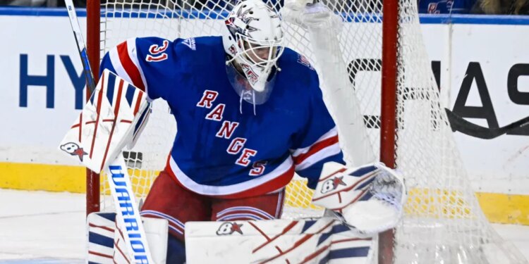 Mar 29, 2026; New York, New York, USA; New York Rangers goaltender Igor Shesterkin (31) watches the puck go wide of the net against the Florida Panthers during the second period at Madison Square Garden. Mandatory Credit: Dennis Schneidler-Imagn Images