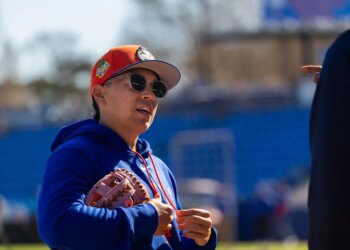 Rachel Folden, New York Mets AA Hitting Coach, talks on the field during Spring Training.