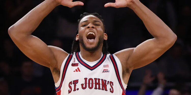 Zuby Ejiofor celebrates late in St. John's 72-52 Big East title-clinching victory over UConn on March 14, 2026 at the Garden.