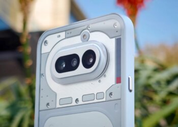 Photo of camera of Nothing Phone 4A in front of plants