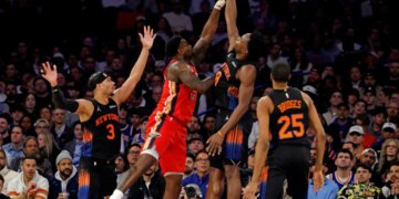 New York Knicks forward Og Anunoby blocks a shot by New Orleans Pelicans forward Zion Williamson during the fourth quarter at Madison Square Garden in New York, New York, USA, Tuesday, March 24, 2026.