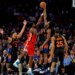 New York Knicks forward Og Anunoby blocks a shot by New Orleans Pelicans forward Zion Williamson during the fourth quarter at Madison Square Garden in New York, New York, USA, Tuesday, March 24, 2026.