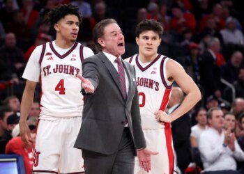 St. John's Red Storm head coach Rick Pitino reacts to a call during the second half as St. John's Red Storm defeats Seton Hall Pirates 65-60 at Madison Square Garden in Manhattan, New York.