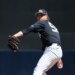 New York Yankees pitcher Paul Blackburn #58, throwing a warmup pitch before the start of the game.