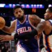 Philadelphia 76ers forward Paul George drives two the basket as New York Knicks guard Miles McBride defends in the first half at Madison Square Garden in Manhattan, New York, Saturday, January 03, 2026.