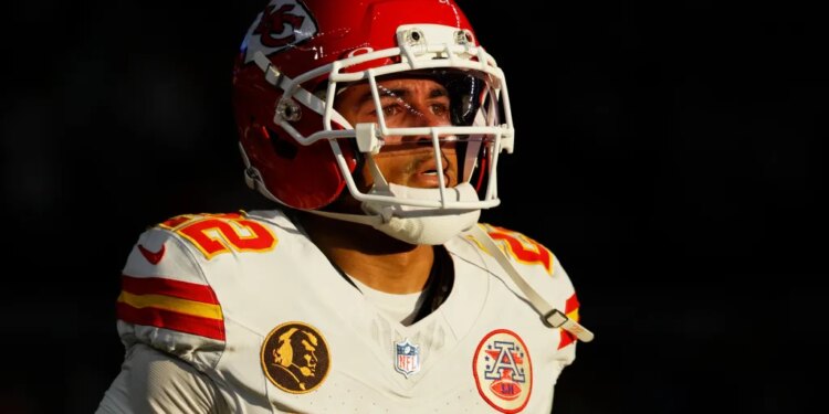 Kansas City Chiefs defensive back Trent McDuffie (22) during an NFL football game against the Dallas Cowboys, Nov. 27, 2025, in Arlington, Texas.