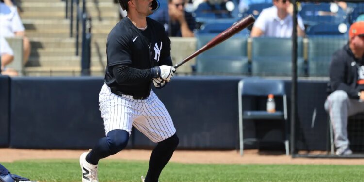 New York Yankees outfielder Randal Grichuk (34) singles during the first inning against the Detroit Tigers.