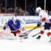 Rangers goaltender Igor Shesterkin (31)makes a save on a shot by the Florida Panthers defenseman Dmitry Kulikov (7) on March 29, 2026.
