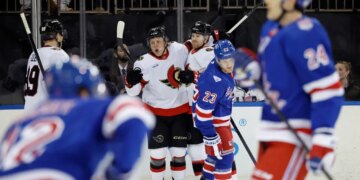 Ottawa Senators left wing Warren Foegele celebrates after scoring a goal.