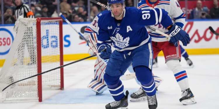 John Tavares, who scored the game-winning goal in the third period, skates for the puck during the first period of the Rangers' 4-3 loss to the Maple Leafs on March 25, 2026 in Toronto.