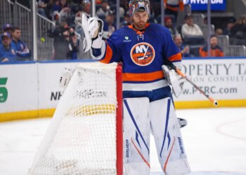 Ilya Sorokin reacts dejectedly after giving up the team's fourth goal to Frank Nazar after a referee's 'mistake' call during the Islanders' 4-3 loss to the Blackhawks on March 24, 2026 at UBS Arena.