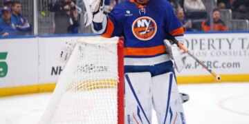 Ilya Sorokin reacts dejectedly after giving up the team's fourth goal to Frank Nazar after a referee's 'mistake' call during the Islanders' 4-3 loss to the Blackhawks on March 24, 2026 at UBS Arena.