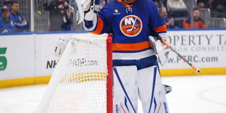 Ilya Sorokin reacts dejectedly after giving up the team's fourth goal to Frank Nazar after a referee's 'mistake' call during the Islanders' 4-3 loss to the Blackhawks on March 24, 2026 at UBS Arena.