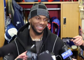 Malik Nabers speaking to media at the New York Giants training facility.