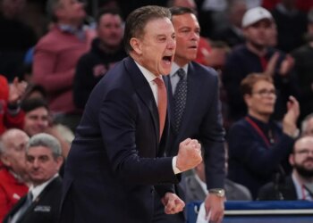 Rick Pitino yells out instructions during St. John's 82-79 win over Georgetown at the Garden on March 3, 2026.