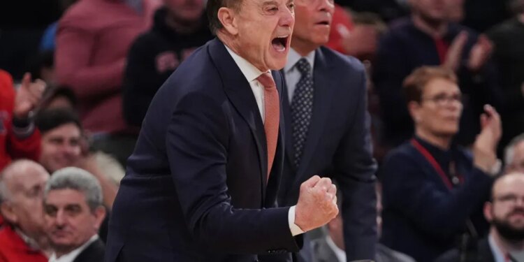 Rick Pitino yells out instructions during St. John's 82-79 win over Georgetown at the Garden on March 3, 2026.